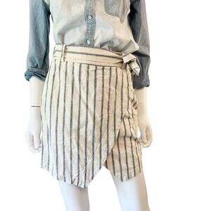 MADEWELL Cream Blue Asymmetrical Wrap Style Linen Cotton Mini Skirt, Sz 0